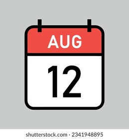 12 de agosto, página de calendario en color rojo y blanco con contorno negro, ilustración vectorial de fecha de calendario