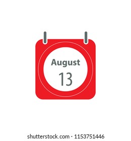 August 13 calendar icon. Flat style vector calendar illustration