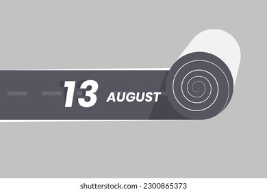 Icono del calendario del 13 de agosto rodando dentro de la carretera. 13 Agosto Ilustrador vectorial de fecha Mes.