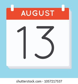August 13. Calendar icon. Vector illustration in flat design isolated in blue background. Date and time, day, month.