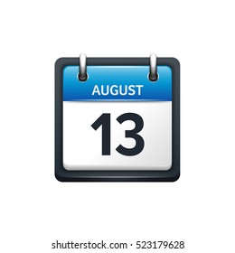 August 13. Calendar icon.Vector illustration,flat style.Month and date.Sunday,Monday,Tuesday,Wednesday,Thursday,Friday,Saturday.Week,weekend,red letter day. 2017,2018 year.Holidays.