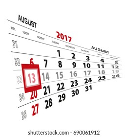 August 13, highlighted on 2017 calendar. Week starts from Sunday. Vector Illustration.