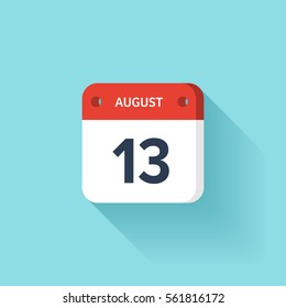 August 13. Isometric Calendar Icon With Shadow.Vector Illustration,Flat Style.Month and Date.Sunday,Monday,Tuesday,Wednesday,Thursday,Friday,Saturday.Week,Weekend,Red Letter Day. Holidays 2017.