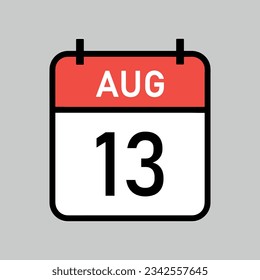 august 13, red and white color calendar page with black outline, calendar date vector illustration