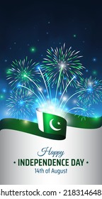 August 14, pakistan independence day, vector template with pakistani flag and colorful fireworks on blue night sky background. Pakistan national holiday august 14th. Independence day card