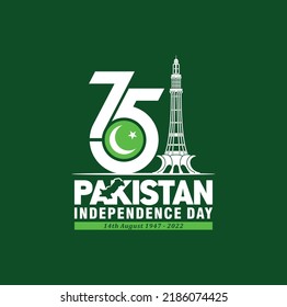 August 14. Pakistan Independence Day. 75 Years Anniversary. Jubilee logo. Vector Illustration.