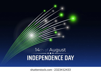 August 14, pakistan independence day, vector template with pakistani flag and colorful fireworks on blue night sky background. Pakistan national holiday august 14th. Independence day card