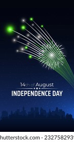 August 14, pakistan independence day, vector template with pakistani flag and colorful fireworks on blue night sky background, cityscape. Pakistan national holiday august 14th. Independence day card