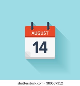 August 14.Calendar icon.Vector illustration,flat style.Date,day of month:Sunday,Monday,Tuesday,Wednesday,Thursday,Friday,Saturday.Weekend,red letter day.Calendar for 2017 year.Holidays in August.