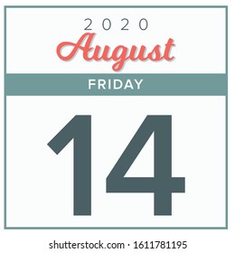
August 14th, 2020. Calendar day icon. Red and grey color.