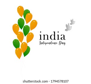 August 15, Happy  Independence Day India. Bunch of balloons of orange and green color depicting the color of Indian Flag. Flying pigeons showing peace.