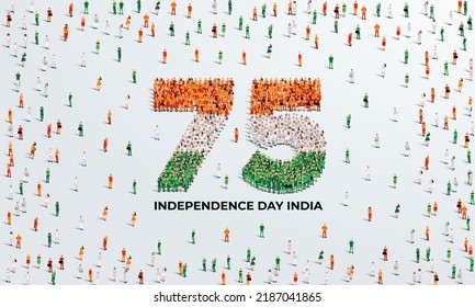 August 15 Happy Independence Day Design. A large group of people form to create the number 75 as India celebrates its 75th National Day on the 15th of August.