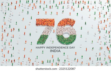 August 15 Happy Independence Day India Design. A large group of people form to create the number 76 as India celebrates its 76th National Day on the 15th of August.