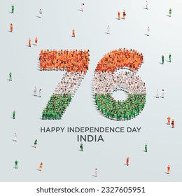 15 de agosto Feliz Día de la Independencia India Design. Un gran grupo de personas se forman para crear el número 76 mientras India celebra su 76° Día Nacional el 15 de agosto.