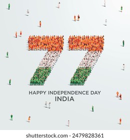 August 15 Happy Independence Day India Design. A large group of people form to create the number 77 as India celebrates its 77th National Day on the 15th of August.