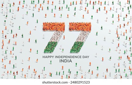 15 de agosto Feliz Día de la Independencia India Diseño. Un Grande grupo de personas se forma para crear el número 77 mientras India celebra su 77º Día Nacional el 15 de agosto.