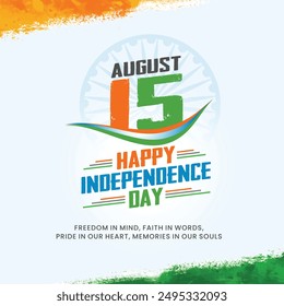 August 15, Happy Independence Day India, Creative Typography Social Media design Template Vector. Tri Color Indian background, Copy space, Typography