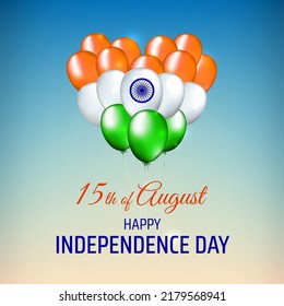 August 15, independence day india, vector template. Heart shaped balloons in indian flag colors. Blue sky background. India national holiday 15th of august. Independence day card