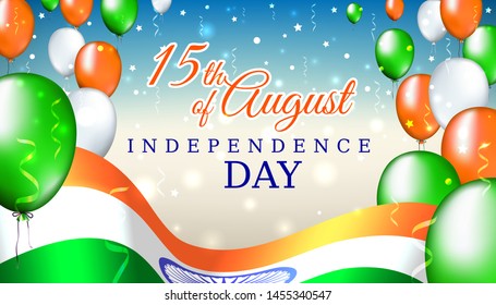 August 15, india independence day, vector template with indian flag and colored balloons on blue shining starry background. India national holiday august 15. Independence day card