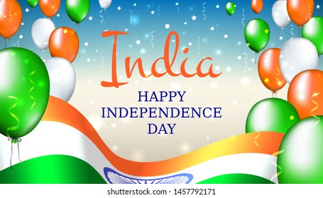 August 15, india independence day, vector template with indian flag and colored balloons on blue shining starry background. India national holiday august 15. Independence day card