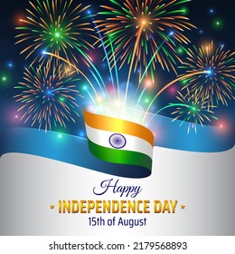 August 15, india independence day, vector template with indian flag and colorful fireworks on blue night sky background. India national holiday august 15. Independence day card