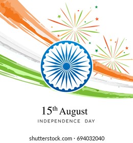 August 15th, Indian Independence Day Vector illustration. Fireworks and Ashoka chakra wheel on Indian flag watercolor brush stroke.