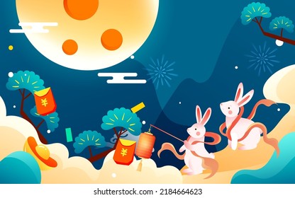 August 15th Mid-Autumn Festival, rabbit is looking at the moon, ancient Chinese mythology and legend, vector illustration