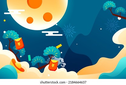 August 15th Mid-Autumn Festival, rabbit is looking at the moon, ancient Chinese mythology and legend, vector illustration