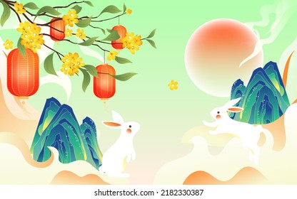 August 15th Mid-Autumn Festival, traditional Chinese festival with moon and lanterns in the background, vector illustration