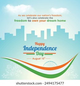 August 15th Wishes, Happy Independence Day India, Real Estate Home Concept, Social Media or Digital Marketing Wishes template vector. Home, Flats, Apartments