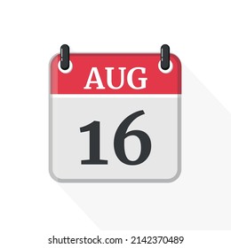 August 16 Calendar Icon. Calendar Icon with white background. Flat style. Date, day and month.