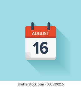 August 16. Calendar icon.Vector illustration,flat style.Date,day of month:Sunday,Monday,Tuesday,Wednesday,Thursday,Friday,Saturday.Weekend,red letter day.Calendar for 2017 year.Holidays in August.