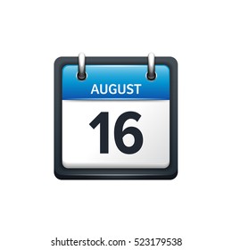 August 16. Calendar icon.Vector illustration,flat style.Month and date.Sunday,Monday,Tuesday,Wednesday,Thursday,Friday,Saturday.Week,weekend,red letter day. 2017,2018 year.Holidays.
