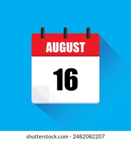 August 16 calendar. Red and white page. Flat vector icon. Blue background.