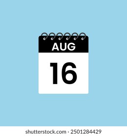 August 16 calendar reminder. 16th August Date Month calendar icon design template.