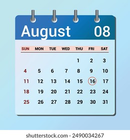 August 16. Flat icon calendar isolated on blue background. Date and month vector illustration