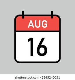 16 de agosto, página de calendario en color rojo y blanco con contorno negro, ilustración vectorial de fecha de calendario