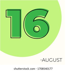16 de agosto Calendario moderno aislado en fondo blanco. Ilustración vectorial. Colores verdes 
