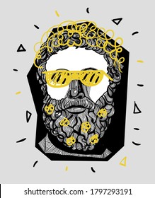 August 17, 2020: Crazy yellow vector illustration hand drawn. Philosopher  with cap and beard with flowers. Hipster 