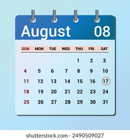 17 de agosto. Calendario de icono plano aislado sobre fondo azul. Ilustración vectorial de fecha y mes