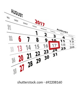 August 17, highlighted on 2017 calendar. Week starts from Sunday. Vector Illustration.