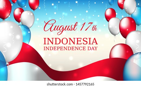 August 17, independence day indonesia, vector template with indonesian flag and colored balloons on blue shining starry background. National holiday of indonesia on august 24. Independence day card