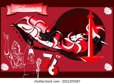 August 17th. Happy Indonesia Independence Day, banner and red background. logos.vector line art.