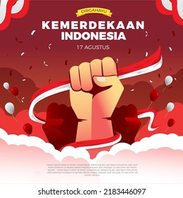 August 17th. Happy Indonesian Independence Day greeting card with clenched fists, Spirit of freedom symbol. Use it for banners, and backgrounds. - Vector