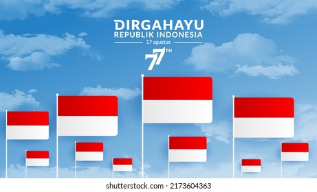August 17th. Indonesian Independence Day Greeting Card. Waving Indonesian flag isolated on sky background. Patriotic symbolic background vector illustration