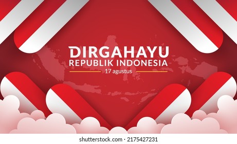 August 17th. Indonesian Independence Day Greeting Card. Waving Indonesian flag isolated on red background. Patriotic symbolic background. Translation: longevity Republic of Indonesia. 
