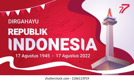 August 17th. Indonesian Independence Day Greeting Card. Waving Indonesian flag isolated on red background. Patriotic symbolic background. Translation: longevity Republic of Indonesia.