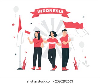 August 17th. spirit of Indonesian Independence Day. young people celebrate independence day carrying flags, a symbol of the spirit of freedom. Use for banners, and backgrounds