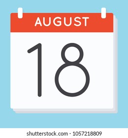 August 18. Calendar icon. Vector illustration in flat design isolated in blue background. Date and time, day, month.