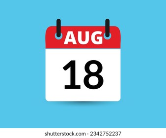 18 de agosto. Calendario de icono plano aislado en fondo azul. Ilustración vectorial de fecha y mes